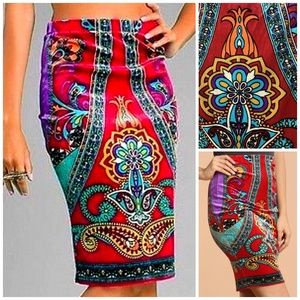 Flying Tomato Velvet Paisley Boho Pencil Skirt